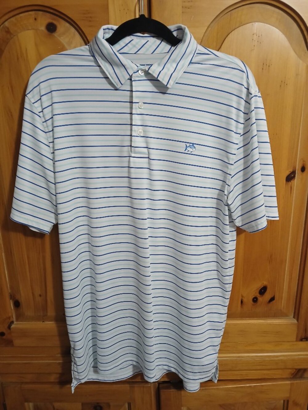 Southern Tide Men's Medium Polo Shirt White/Blue/Mint Green Stripe Fish Logo EUC